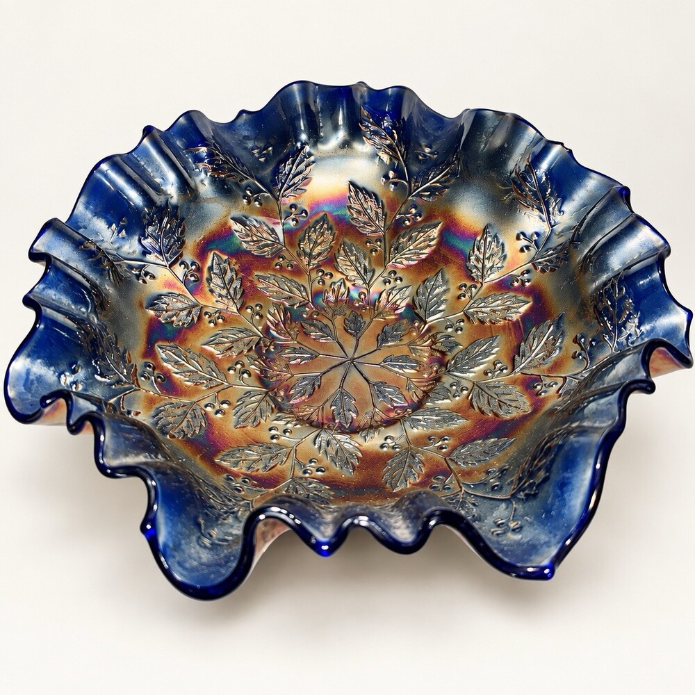 Vintage Cobalt Blue Carnival Glass Ruffled Bowl Leaf Berry Pattern 9”